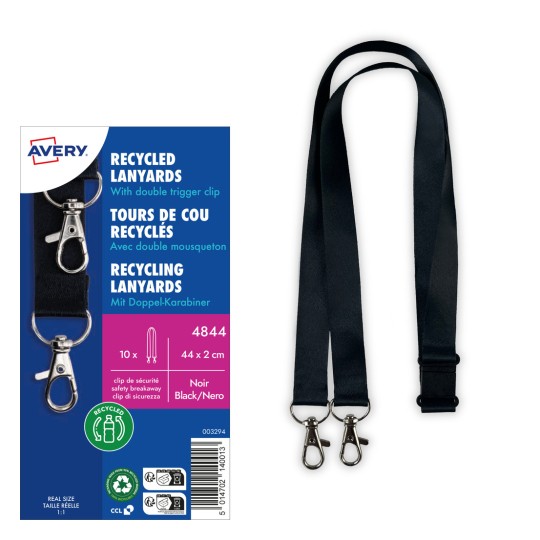Tento obrázek zobrazuje balení recyklovaných šňůrek na krk od Avery s dvojitým spouštěcím klipem. Šňůrky jsou černé a přicházejí v sadě deseti kusů.