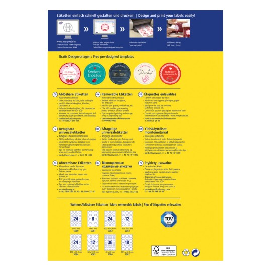 Obrázek je reklamou na štítky Avery, představuje různé typy odnímatelných a lepících štítků spolu s návrhovými šablonami. Obsahuje instrukce pro snadné navrhování a tisk štítků, spolu s kontaktními informacemi pro zákaznický servis a seznam velikostí štítků.