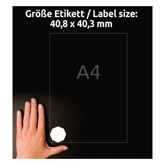 Velikostní porovnání s rukou, článek: 5082, jeden list osmiúhelníkových štítků, odnímatelný, formát: 40,8 x 40,3 mm, barva: bílá.