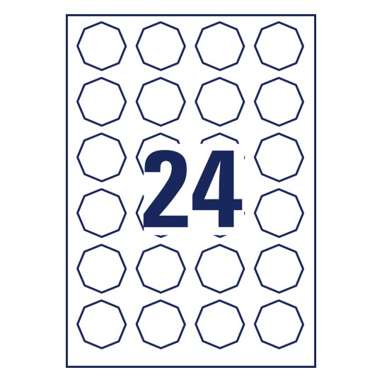 Razkresba jednotlivého archu A4, Číslo artiklu: 5082, Osmiboké etikety, snímatelné, Formát: 40,8 x 40,3 mm, 24 etiket/arch.