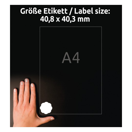 Obrázek ukazuje ruku vedle průhledného štítku nebo fólie s rozměry a poznámkou označující 'A4'. Pozadí je tmavé, což zvýrazňuje velikost štítku 40,8 x 40,3 mm.