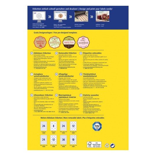 Obrázek obsahuje leták pro Avery, který představuje produkty štítků, návrhové šablony a pokyny k tisku v několika jazycích, včetně němčiny, francouzštiny, holandštiny, ruštiny a polštiny.