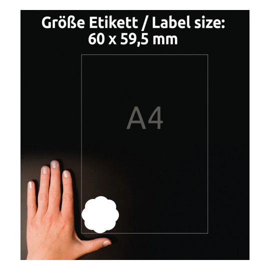 Obrázek ukazuje ruku vedle tabulky velikostí štítků, která uvádí rozměry 60 x 59,5 mm, s odkazem na velikost A4.