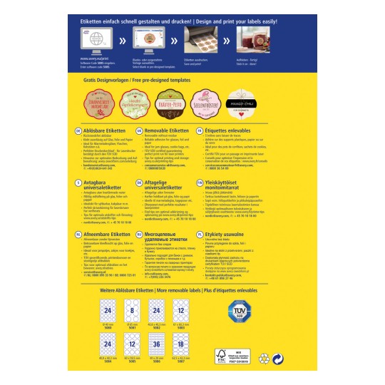 Tento obrázek je propagační leták pro Averyho odnímatelné štítky, představující různé návrhy a šablony v několika jazycích. Obsahuje instrukce, jak navrhnout a vytisknout štítky, a také podrobnosti o různých typech dostupných štítků.