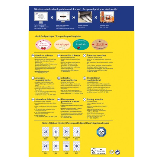 Obrázek je propagační grafika pro tiskové štítky Avery, uvádějící pokyny, jak navrhnout a vytisknout štítky. Obsahuje části v různých jazycích s popisy různých typů štítků, jejich využití a kontaktní informace.