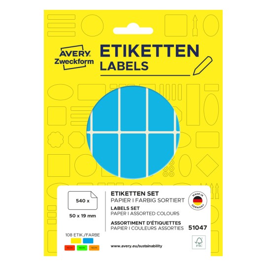 Balení: Avery Zweckform univerzální štítky bez formátu A4 pro ruční popis, Článek: 51047, Formát: 50 x 19 mm, Obsah: 540 štítků / 30 listů, 18 štítků/list.