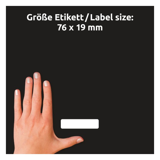 Velikostní porovnání s rukou, článek: 51064, jeden list jmenovek, formát: 76 x 19 mm, barva: bílá?