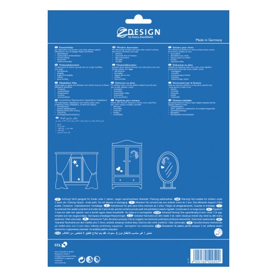 Obrázek je etiketou balení výrobku pro dekorační nálepky na okna od Avery Zweckform, obsahující vícejazyčné pokyny a varování. Obsahuje ilustrace zdobeného nábytku a zdůrazňuje bezpečnost dětí.