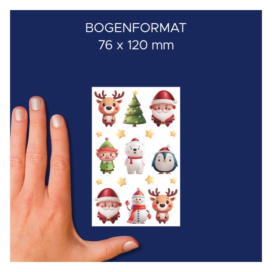 Porovnání velikosti s rukou, Číslo zboží: 54478, jeden arch vánočních samolepek, formát: 85 x 160 mm, barva: pestrobarevné.