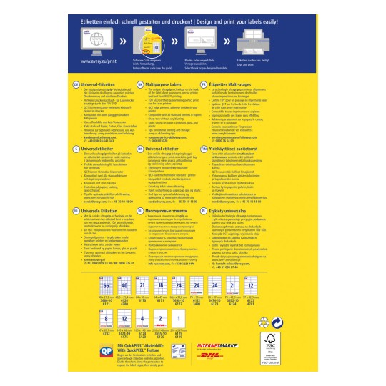 Vícejazyčný průvodce tiskem štítků od Avery, který popisuje různé typy štítků, instrukce k tisku a specifikace.