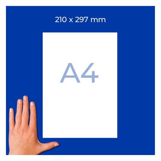 Ruka vedle bílého listu A4 na modrém pozadí s rozměry 210 × 297 mm?