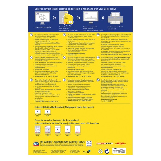 Obrázek je informační grafika o produktech pro tisk etiket od společnosti Avery, která obsahuje různojazyčné instrukce, specifikace produktů a tipy na design pro efektivní tisk etiket.