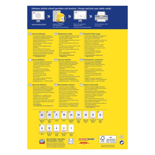 Obrázek je instruktážní plakát pro navrhování a tisk etiket, popisující vlastnosti univerzálních etiket, včetně kompatibility s tiskárnami, přilnavosti k různým materiálům a technologie pro rychlé sloupnutí, spolu s vícejazyčnými sekcemi.