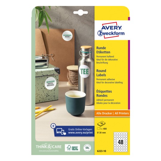 Obrázek obalu: Avery Zweckform Kulaté štítky, Článek: 6223-10, Formát: ⌀ 30 mm, Tisková vhodnost: Inkjet, laser černobílý, barevný laser, Obsah: 480 štítků / 10 listů, 48 štítků/list?
