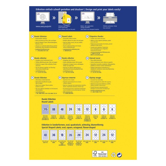 Obrázek poskytuje informace o různých možnostech tisku etiket od společnosti Avery, včetně kulatých a speciálně tvarovaných etiket. Obsahuje texty v několika jazycích popisující produkty a nabízí tipy pro optimální tisk a odstranění lepidla.