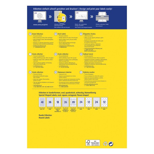 Obrázek ukazuje průvodce návrhem štítků od Avery, který obsahuje různé typy štítků včetně oválných, čtvercových, osmiúhelníkových a ve tvaru květiny spolu s pokyny k tisku v několika jazycích.