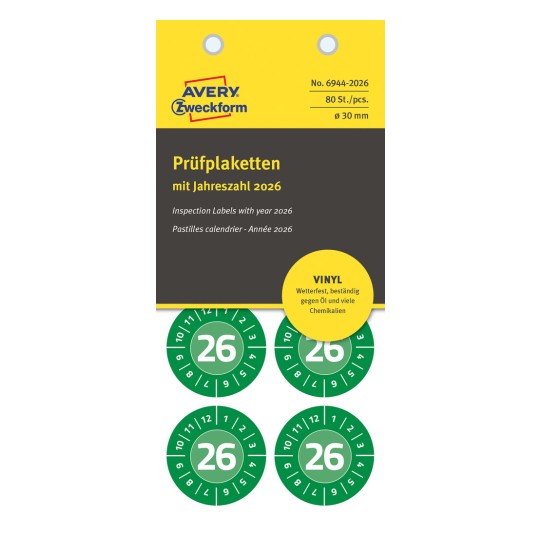 Obrázek balení: Avery Zweckform Non A4 kontrolní štítky, článek: 6944-2026, formát: ⌀ 30 mm, obsah: 80 kontrolních štítků / 10 listů, 8 kontrolních štítků/list.
