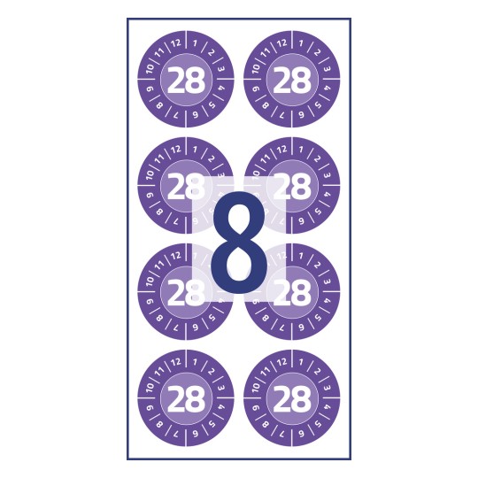 Obrázek obsahuje několik kruhových symbolů zobrazujících číslo 28, uspořádaných kolem centrálního velkého čísla 8, vše na bílém pozadí.
