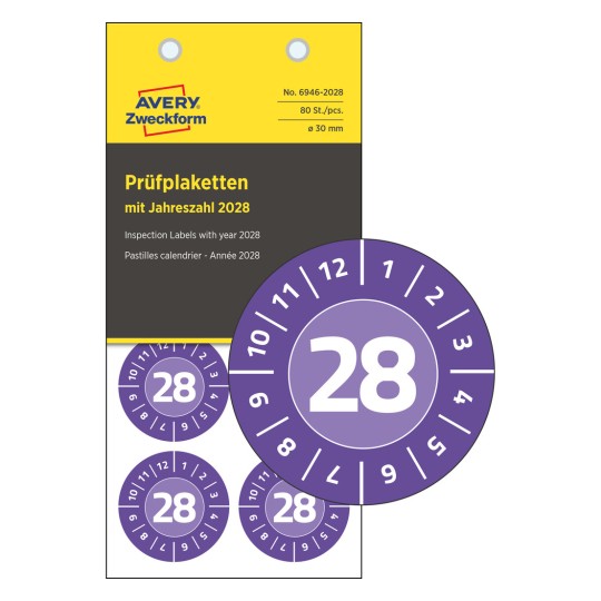 Obrázek zobrazuje kontrolní štítky s rokem 2028. Existuje několik kulatých štítků s číslem 28, v purpurové barvě, každý označený kruhovým motivem.