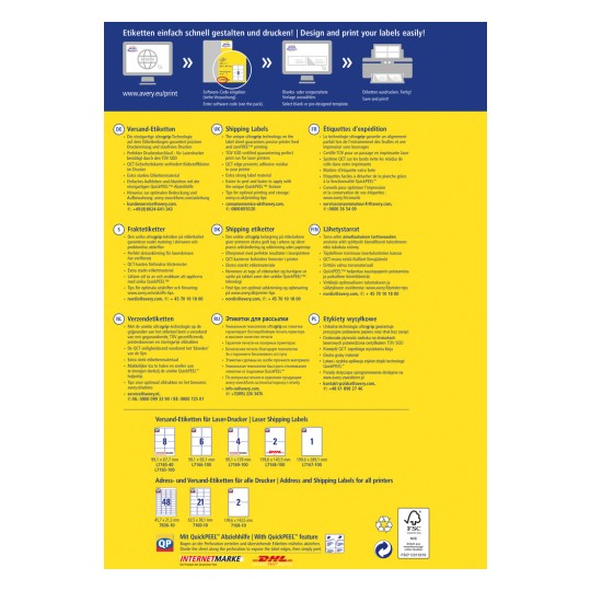 Obrázek je vícejazyčná brožura pro přepravní štítky Avery, která podrobně popisuje funkce jako snadný návrh štítků, pokyny k tisku a funkci QuickPEEL. Obsahuje různé sekce v různých jazycích, zobrazuje rozměry štítků a informace o kompatibilitě.