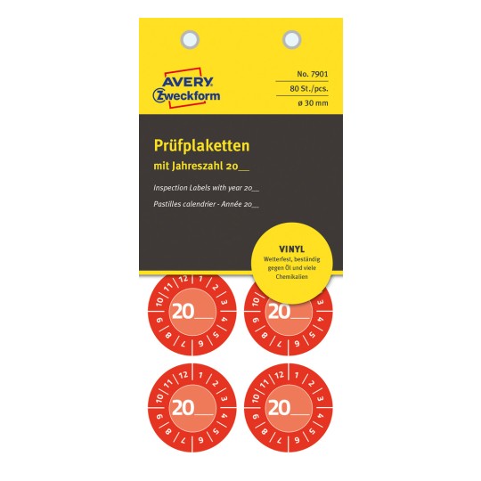 Obrázek balení: Avery Zweckform nepotahované A4 kontrolní nálepky, Číslo výrobku: 7901, Formát: ⌀ 30 mm, Obsah: 80 kontrolních nálepek / 10 archů, 8 kontrolních nálepek/arch?