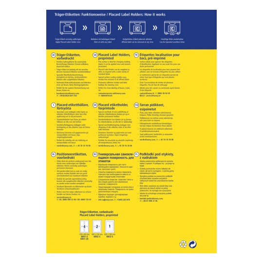 Tento obrázek obsahuje informace o držácích štítků, včetně pokynů k jejich aplikaci, výhodám a kontaktním informacím pro různé země. Text je uveden v několika jazycích, upozorňuje na příklady použití a výhody držáků štítků pro identifikaci předmětů a udržování čistých povrchů.