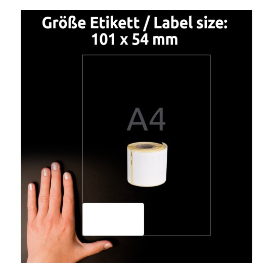 Obrázek zobrazuje ruku vedle role etiket. Velikost etikety je uvedena jako 101 x 54 mm a je viditelná bílá plocha etikety. Kontext se týká označování.
