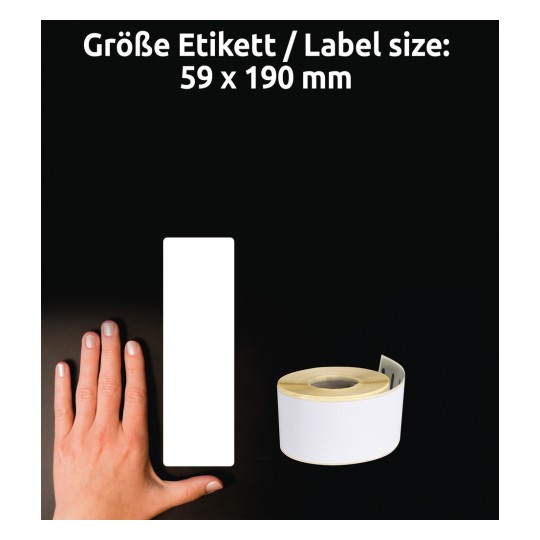 Obrázek ukazuje ruku vedle prázdného štítku a rolky štítků. Velikost štítku je 59 x 190 mm.