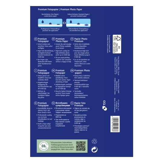 Obrázek je štítek produktu pro prémiový fotografický papír. Obsahuje podrobnosti o vlastnostech papíru, včetně odolnosti proti rozmazání, high-tech povlak a nabídky dostupné v několika jazycích. Zmiňuje také možnosti zákaznické podpory a specifikace tisku až do 9 600 dpi.