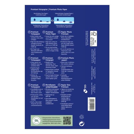 Obrázek zobrazuje balení prémiového fotografického papíru, které podrobně popisuje jeho vlastnosti v několika jazycích, včetně dostupnosti okamžitého tisku, vysoce technologického povrchu pro vysoce kvalitní tisky a podpory zákaznického servisu.