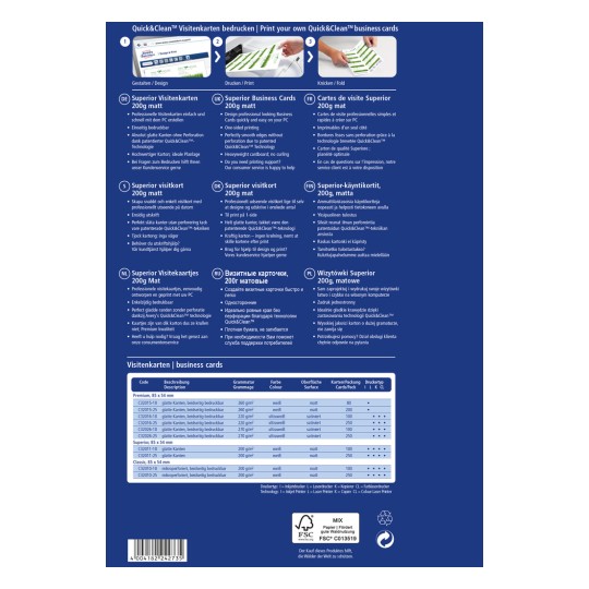 Obrázek je produktovým průvodcem pro vizitky Quick&Clean, obsahující podrobnosti o možnostech tisku, materiálech, rozměrech a různých jazycích. Zdůrazňuje specifikace produktu a poskytuje pokyny pro navrhování a tisk vizitek doma.