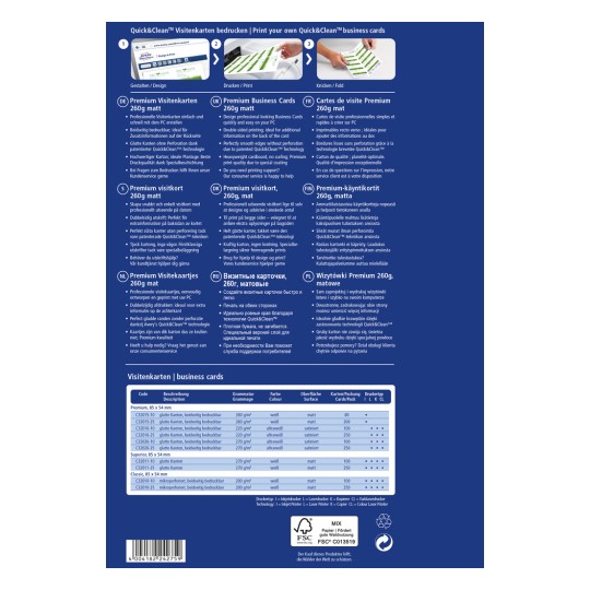 Obrázek obsahuje informace o vizitkách Quick&Clean, podrobně popisuje jejich vlastnosti, specifikace a různé jazykové překlady. Zdůrazňuje možnosti tisku, použité materiály a poskytuje srovnání různých typů vizitek a jejich charakteristik.