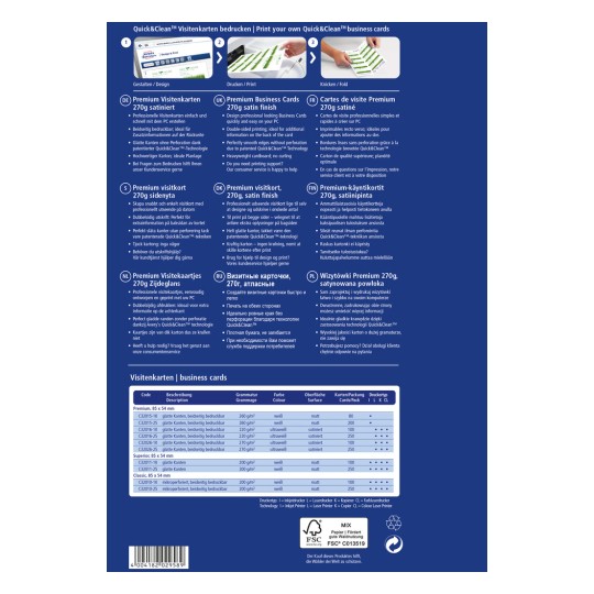 Tento obrázek zobrazuje informace o vizitkách Quick&Clean, včetně specifikací tisku, materiálů a designových možností dostupných v několika jazycích.