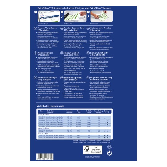 Obrázek obsahuje informační list o produktu Quick&Clean vizitky. Uvádí různé specifikace, formáty a vlastnosti prémiových vizitek dostupných pro tisk, včetně materiálů a velikostí v několika jazycích.