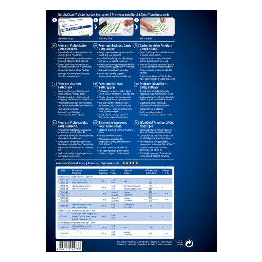Obrázek zobrazuje propagační leták pro vizitky Quick&Clean, který podrobně popisuje různé typy a specifikace, včetně lesklých povrchových úprav, gramáže papíru a možnosti tisku v několika jazycích.