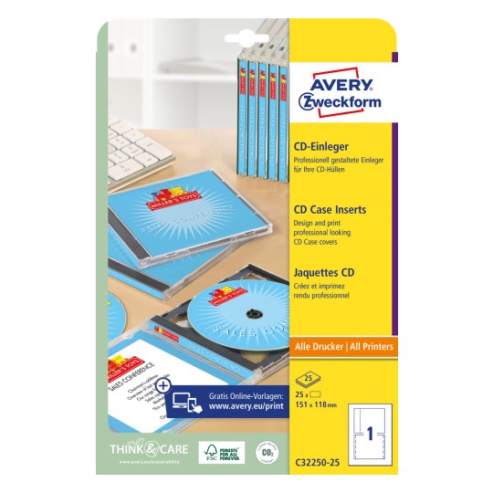 Obrázek balení: Avery Zweckform CD vložky, Článek: C32250-25, Formát: 151 x 118 mm, Vhodné pro tisk: Inkoustová tiskárna, Laserová tiskárna černobílá, Barevná laserová tiskárna, Obsah: 25 listů, /list?