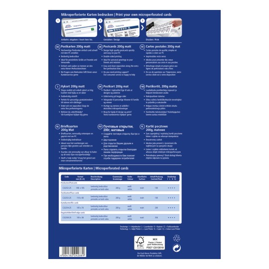 Informační grafika o tisku mikroperforovaných karet s pokyny a detaily v několika jazycích o specifikacích pohlednic, včetně rozměrů, hmotnosti a rad pro tisk.