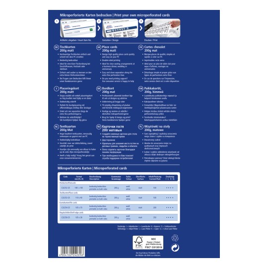 Obrázek je vícejazyčný průvodce pro tisk mikroperforovaných karet, podrobně popisující produkty jako zasedací kartičky, karty na hrany polic a stolní kartičky, včetně specifikací jako velikost, hmotnost a pokyny pro tisk.