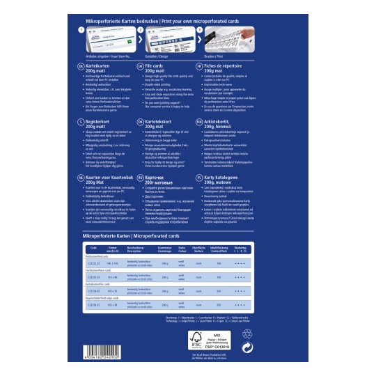 Obrázek zobrazuje informace o mikroděrovaných kartách, včetně popisů, velikostí a pokynů pro návrh a tisk ve více jazycích.