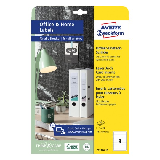 Obrázek balení: Avery Zweckform štítky na pořadače, Článek: C32266-10, Formát: 30 x 190 mm, Vhodnost pro tiskárnu: Inkoustová, Laser černobílá, Barevná laserová, Obsah: 90 kusů / 10 listů, 9 kusů / list?