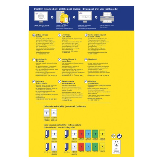 Obrázek zobrazuje vícejazyčnou reklamu na kartonové vložky do pákových pořadačů Avery. Zahrnuje specifikace produktu, tipy na tisk a kontaktní informace. Jsou ukázány různé možnosti produktu s rozměry a čísly modelů, spolu s vizuálními vzorky vložek.