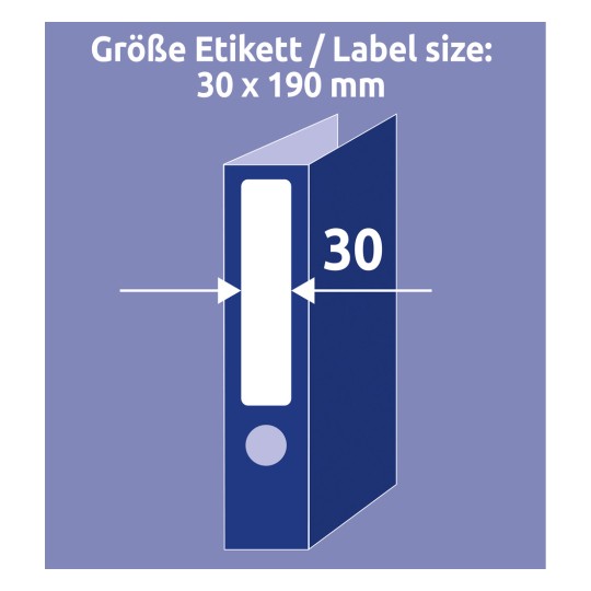 Obrázek zobrazuje diagram velikosti štítku, který udává rozměry 30 x 190 mm pro pořadač. Štítek je umístěn na hřbetu pořadače.