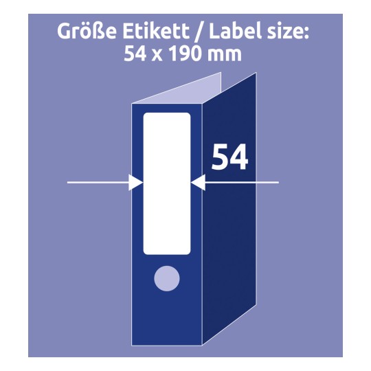 Obrázek zobrazuje specifikaci velikosti štítku s rozměry 54 x 190 mm pro položku, pravděpodobně pořadač. Jsou zde šipky indikující šířku štítku spolu s vizuálním zobrazením položky s označenými rozměry.