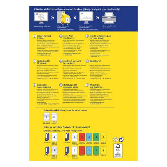 Tento obrázek obsahuje vícejazyčný leták nebo brožuru pro produkty Avery, konkrétně se zaměřením na karty vkládané do pákových pořadačů a související organizační nástroje pro dokumenty. Zahrnuje pokyny, tipy pro optimální tisk a různé ilustrace produktů.
