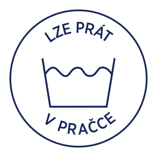 Obrázek obsahuje symbol pokynů k praní s textem 'LZE PRÁT V PRÁČCE', což znamená, že předmět lze prát v pračce.