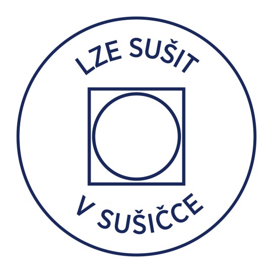 Obrázek obsahuje kruhové logo s textem 'LZE SUŠIT V SUŠIČCE' kolem čtverce obsahujícího kruh, což naznačuje možnost sušit předměty v sušičce.