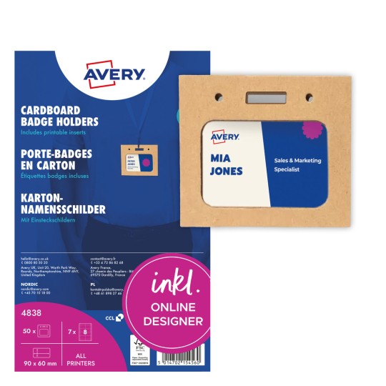 Balení kartonových držáků visaček Avery se vzorovou visačkou a velkým číslem 8?