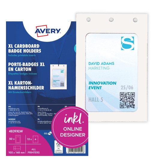 Balení kartonových držáků odznaků Avery XL se vzorovým odznakem a velkým číslem 4?