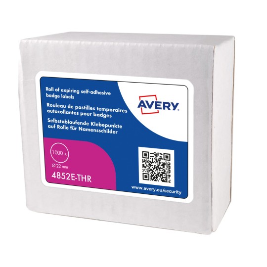 Krabice obsahující roli samolepicích štítků na identifikační karty od Avery, určených pro časově omezenou platnost, o velikosti 22 mm a obsahující 1000 štítků.