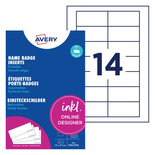 Balení vložek do jmenovek Avery s archy štítků a velkým číslem 14?